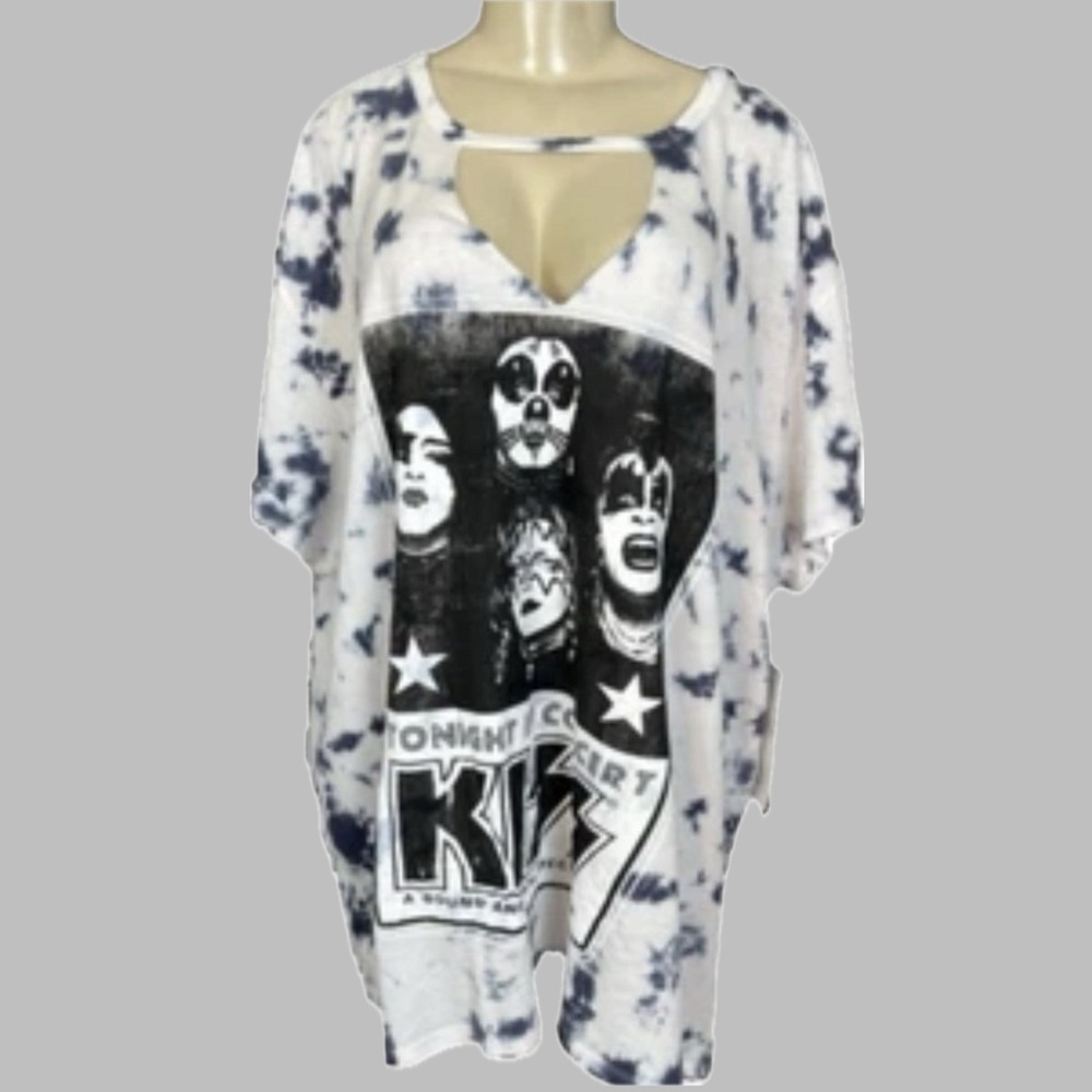 The Vinyl Icons 3X Black White 70s Rock Band KISS Graphic T-Shirt Cutout V-Neck